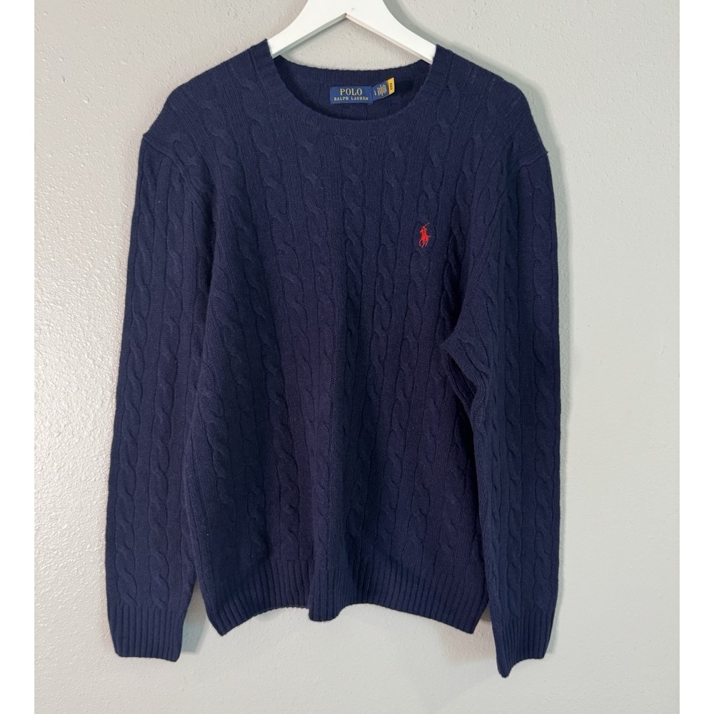 Polo Ralph Lauren Wool Cashmere Cable Knit Sweater Navy Preppy Old Money L